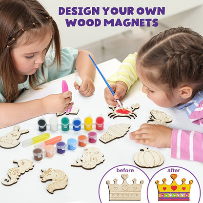 Glow in the Dark Craft Kit for Kids – 30pcs DIY Wooden Fridge Magnets Painting Set with Gem Stickers, Wood Art Activity, Party Favor Birthday Christmas Gift for Girls Boys Ages 6+