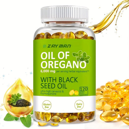 Wild Oregano Oil Softgels 6000mg with Black Seed Oil Carvacrol & Thymol for Immune Support Antifungal Antimicrobial Defense Gut Health & Respiratory Support — Dairy-Free Gluten-Free 120 Capsules Women & Men