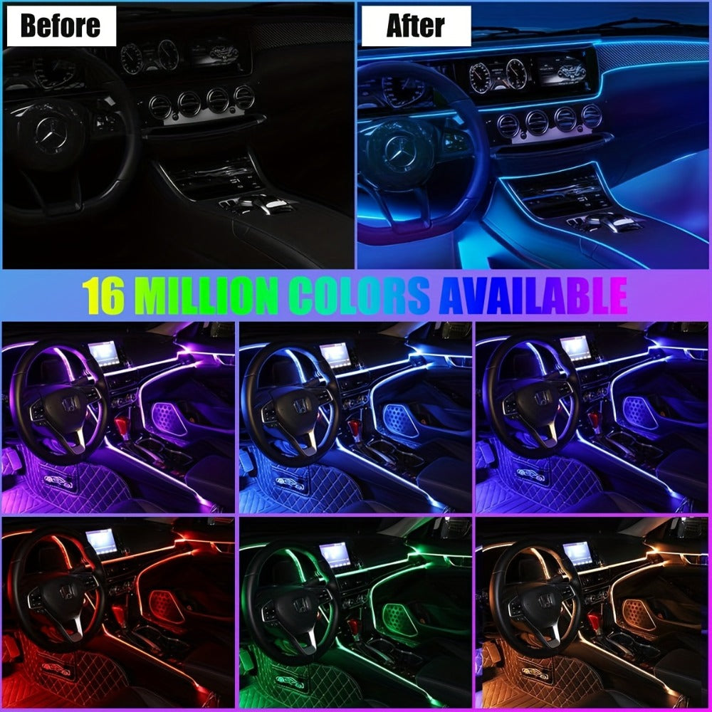 RGB Car Interior LED Strip Lights 16 Million Colors App & Remote Control Music Sync Fiber Optic Ambient Light Bar USB 5V for Car Dashboard Door Decoration, 196" & 5-in-1 Kit Options