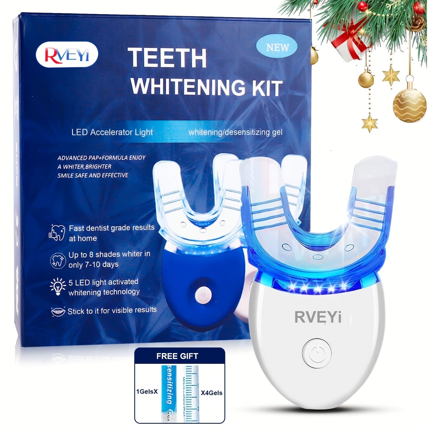 LED Teeth Whitening Kit 5 Whitening Gel Syringes Enamel Safe Professional Home Whitening Light Tray Set Fast Results Gift for Women Men Girlfriend Boyfriend Parents White Blue