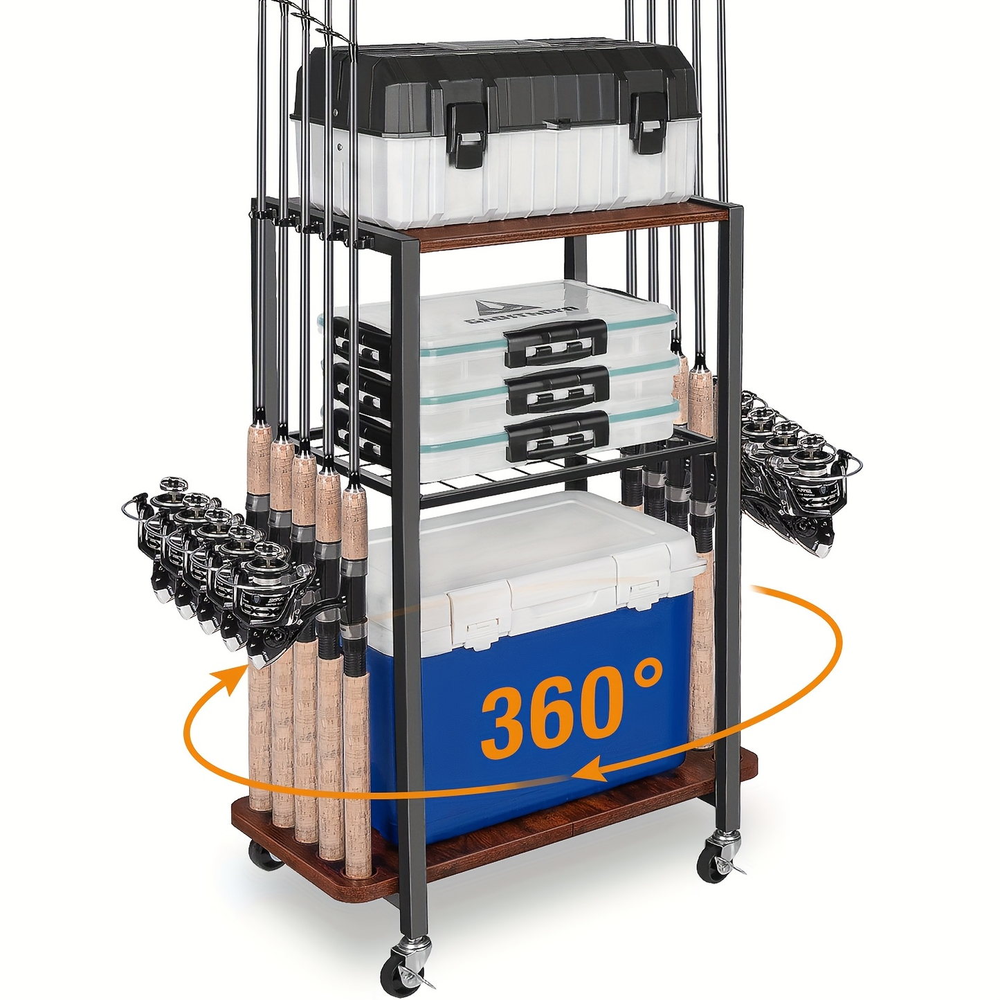 Fishing Rod Holder Rack Rotating Tackle Storage Cart Iron Wood Holds 10 to 12 Rods Garage Fishing Pole Organizer with Wheels Fishing Gear Gift for Men and Women Father Mother