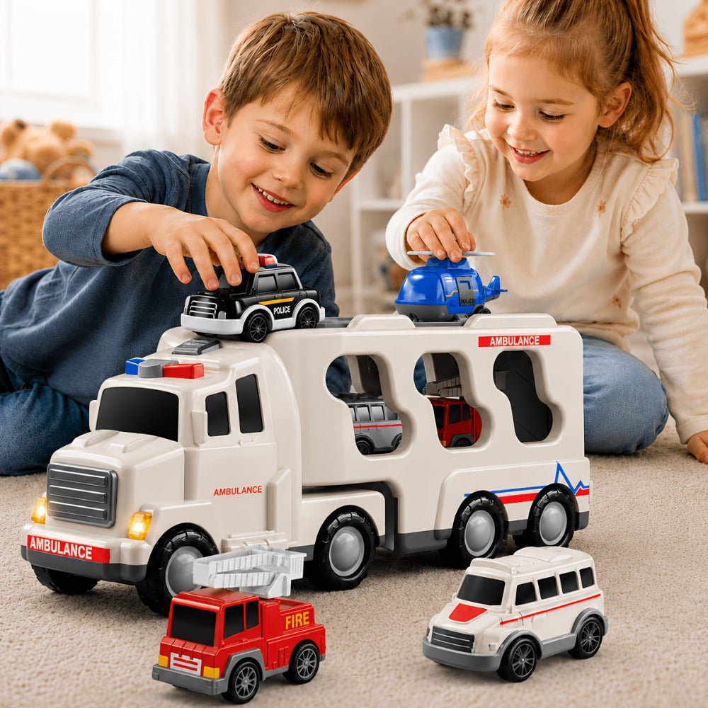 Ambulance Carrier Truck Toy Set 5-in-1 with Light & Sound for Kids Ages 3-8 – Friction Powered Rescue Vehicle Playset Fire Truck Police Car Helicopter Mini Cars Birthday Christmas Gift Boys Girls