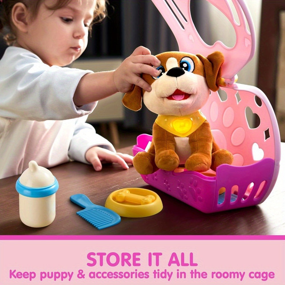 Interactive Plush Dog Toy for Toddlers with Carrier Set Music Lights Sounds Soft Breathing Glow Puppy Pet Toy with Accessories Birthday Gift for Girls 18 Months 2 3 Year Old