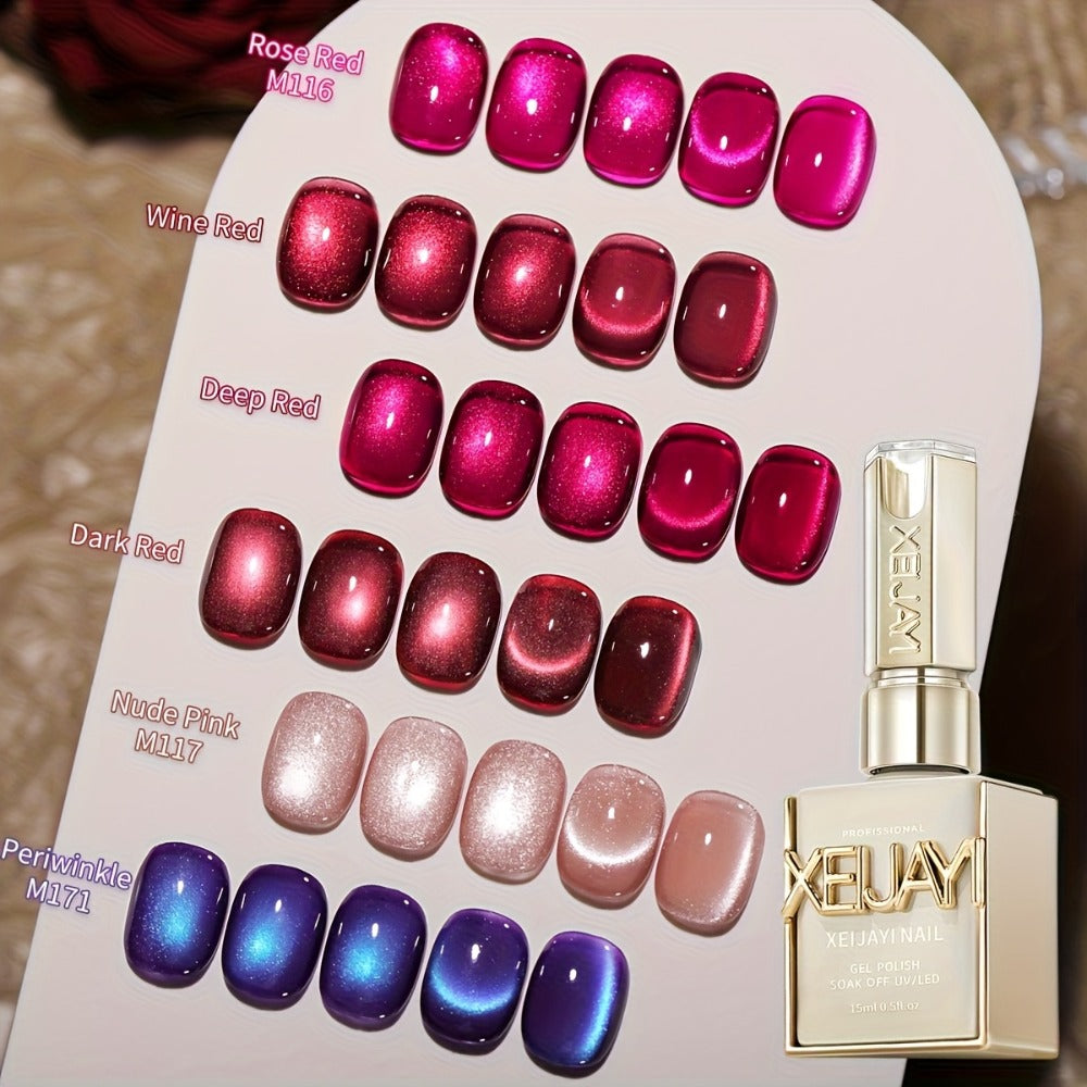 Berry Cat Eye Gel Polish 6 Colors Photo Frame Bottle Magnetic Holographic Reflective Soak Off LED UV – Deep Plum Burgundy Magenta Nail Art Gel for Salon & DIY Manicure, Nail Art Gift for Women