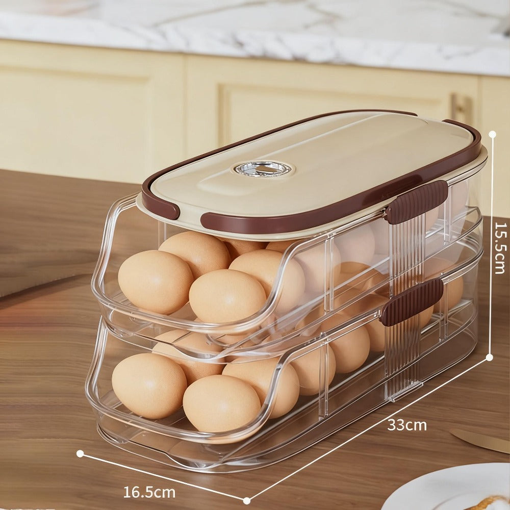 Egg Organizer for Refrigerator, Multi-Layer Auto-Rolling Egg Rack with Large Capacity – Space-Saving Egg Storage Dispenser for Fridge, Cabinet & Countertop, Ideal for Busy Families