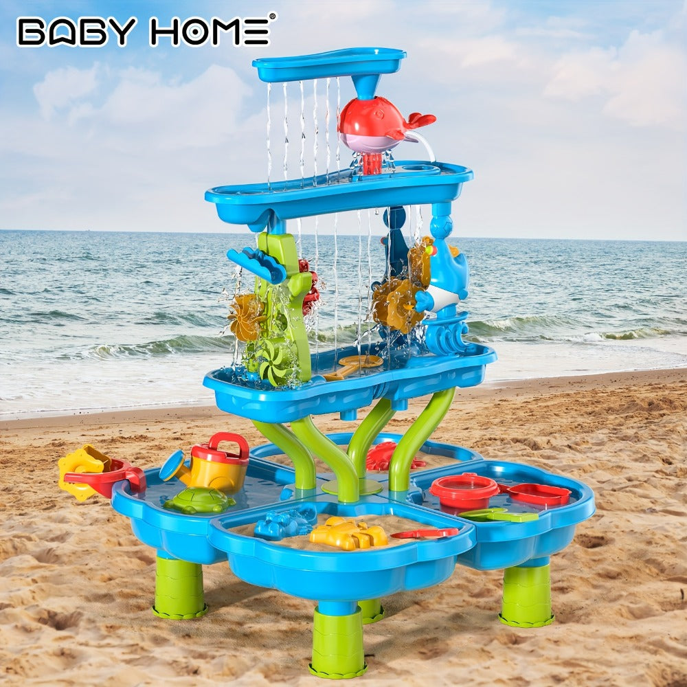 Water Play Table for Kids Double-Sided Waterfall & Beach Sand Zone – Outdoor Sensory Activity Toy for Toddlers Ages 3+, Beach Tools Included, Backyard Summer STEM Gift for Boys & Girls