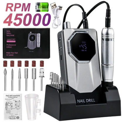 Electric Nail Drill Kit 45000 RPM LCD Display USB Rechargeable Portable E-File Acrylic Gel Removal Polishing Forward Reverse Low Noise Home Salon Manicure Pedicure Gradient Grey White