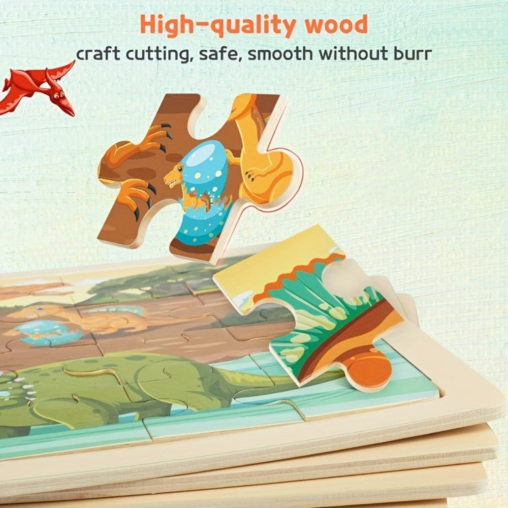 Dinosaur Puzzle Set for Kids Ages 3-8 Wooden 4-in-1 Jigsaw with 24 Pieces Each – Colorful Preschool Educational Toy for Boys & Girls, Fun Birthday Christmas Easter Gift for Toddlers & Children