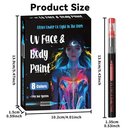 Face Body Paint Pen Set 8 Colors with 105 Tattoo Stencils – Glow in the Dark Neon UV Blacklight Face Paint Kit Easy Apply & Remove for Halloween Party Festival Cosplay Stage