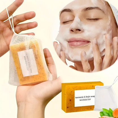 Kojic Acid Soap Set with Turmeric & Lemon – Handmade Cold-Processed Brightening Bars for Face & Body, Deep Cleansing & Hydrating, All Skin Types, Includes Foaming Net & Bath Tools