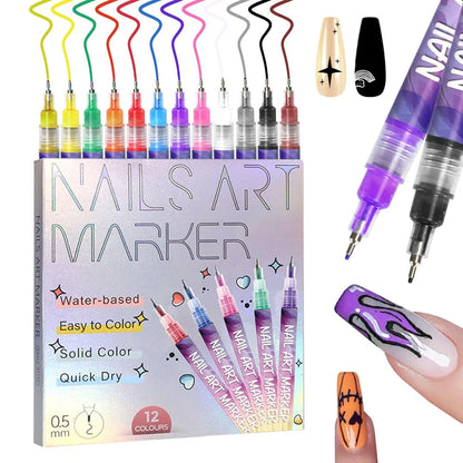 Nail Art Pens Set 12Pcs 0.5mm Ultra-Fine Tip Round Head Brush for DIY Nail Designs - Detailed Line Drawing & Nail Decoration Tools for Beginners and Professionals
