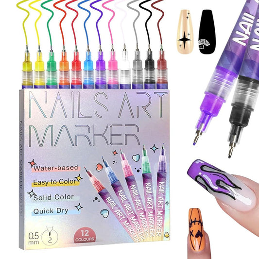 Nail Art Pens Set 12Pcs 0.5mm Ultra-Fine Tip Round Head Brush for DIY Nail Designs - Detailed Line Drawing & Nail Decoration Tools for Beginners and Professionals