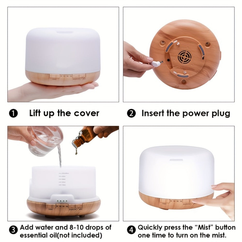 Large Room Essential Oil Diffuser 16.91oz – Timer, 7 Ambient LED Lights, No Water Auto-Off, Wood Grain Design for Home & Office