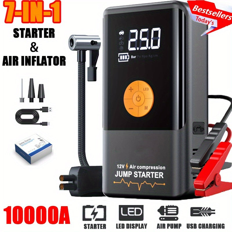 10000A-18000A High-current Car Starter with Air Compressor, 366PSI Inflator, for 12V (ALL Gas/ALL Diesel). Smart Cables, Protections, Fast USB, LED Light, Storage Bag. Hurricane Emergency Lighting, Auto Tool.Nice Gift