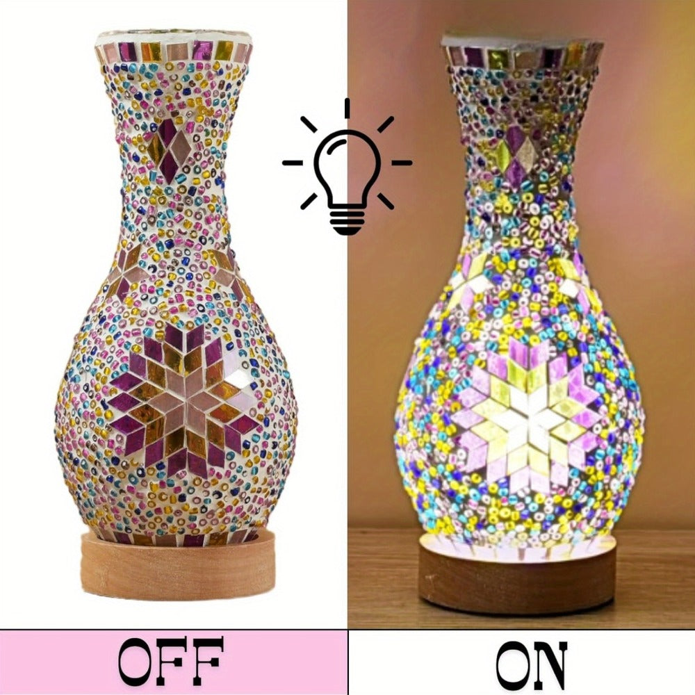 Mosaic Vase Lamp Turkish Moroccan Handmade Colorful Glass Table Lamp with Wooden Base – USB Plug-In Boho Night Light, Flower Vase Lamp for Bedroom Living Room Decor, Bohemian Mosaic Desk Lamp Gift