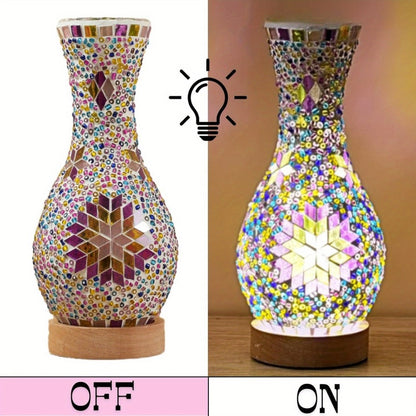 Mosaic Vase Lamp Turkish Moroccan Handmade Colorful Glass Table Lamp with Wooden Base – USB Plug-In Boho Night Light, Flower Vase Lamp for Bedroom Living Room Decor, Bohemian Mosaic Desk Lamp Gift