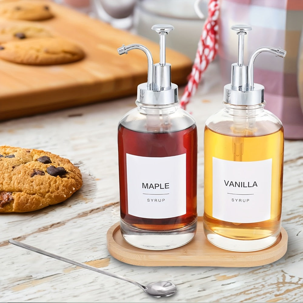 Glass Syrup Dispenser with Pump 4 Pack 16.9oz 500ml Coffee Bar Accessories Set with Silicone Funnel and Labels for Simple Syrup Vanilla Caramel Sauce Condiment Honey Oil Kitchen Bar Decor