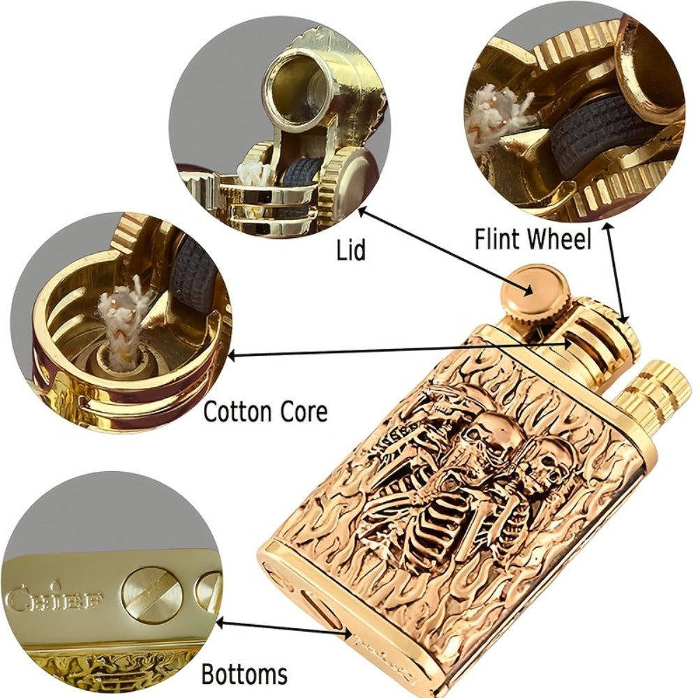 Kerosene Lighter 2-in-1 Permanent Match Flint Wheel Refillable – Golden Windproof Pocket Lighter with Built-In Match Strike, Unique Gift for Men, Father’s Day & Outdoor Use