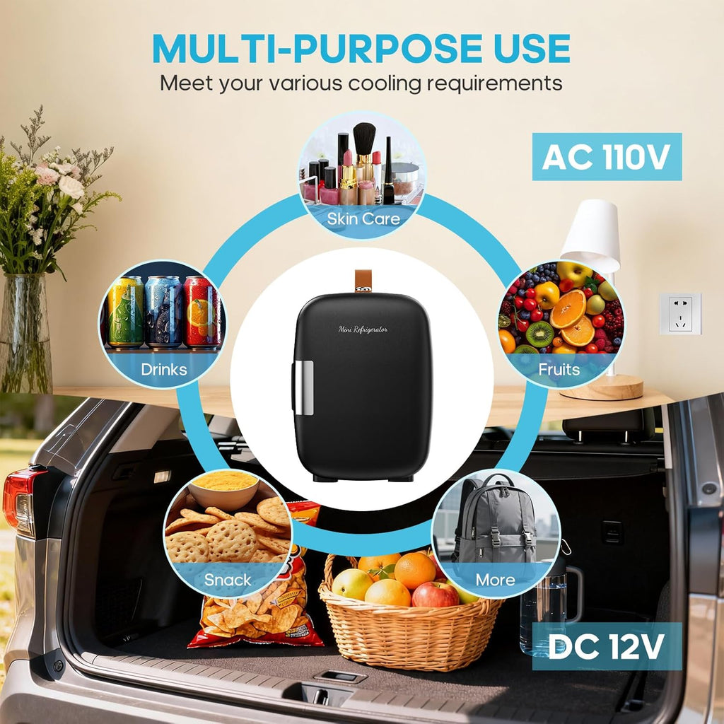 Portable 1.06gal Mini Fridge, Ultra-Thin, Semiconductor Cooling, Ultra-Quiet& Low Energy, Supports 110V AC/ 12V DC, Fits 6 Cans for Bedroom, Skincare, Drinks, Dorm& Car