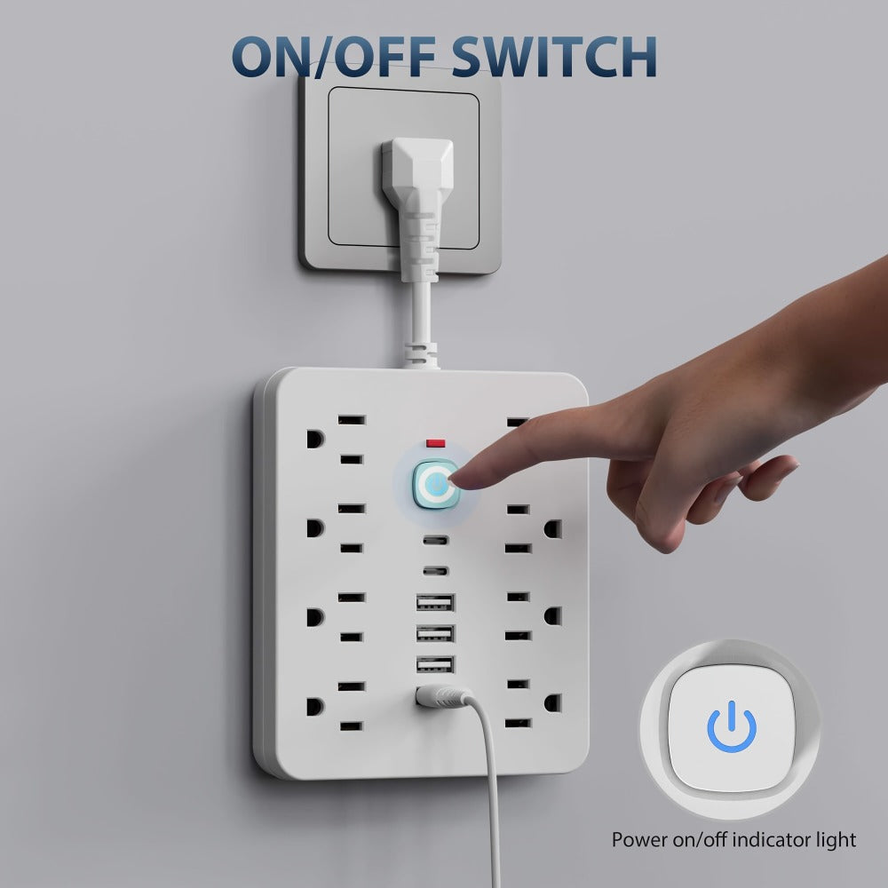 Power Strip Surge Protector 14-in-1 with 8 AC Outlets, 4 USB & 2 Type-C Ports – Flat Plug Space-Saving Extension Cord, Compact Multi-Plug Outlet Expander for Home Office Desk & Kitchen