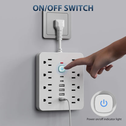 Power Strip Surge Protector 14-in-1 with 8 AC Outlets, 4 USB & 2 Type-C Ports – Flat Plug Space-Saving Extension Cord, Compact Multi-Plug Outlet Expander for Home Office Desk & Kitchen