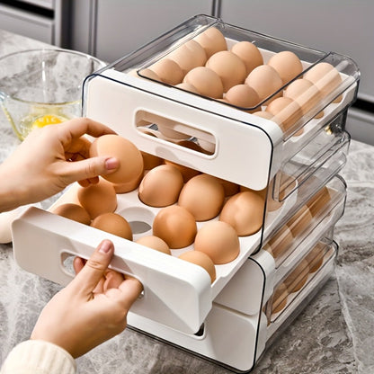 Egg Storage Container 32 Grid Double Layer with Drawer | Fridge Egg Holder Organizer | Sturdy PET+PP Stackable Egg Tray for Refrigerator, Keeps Eggs Fresh & Organized
