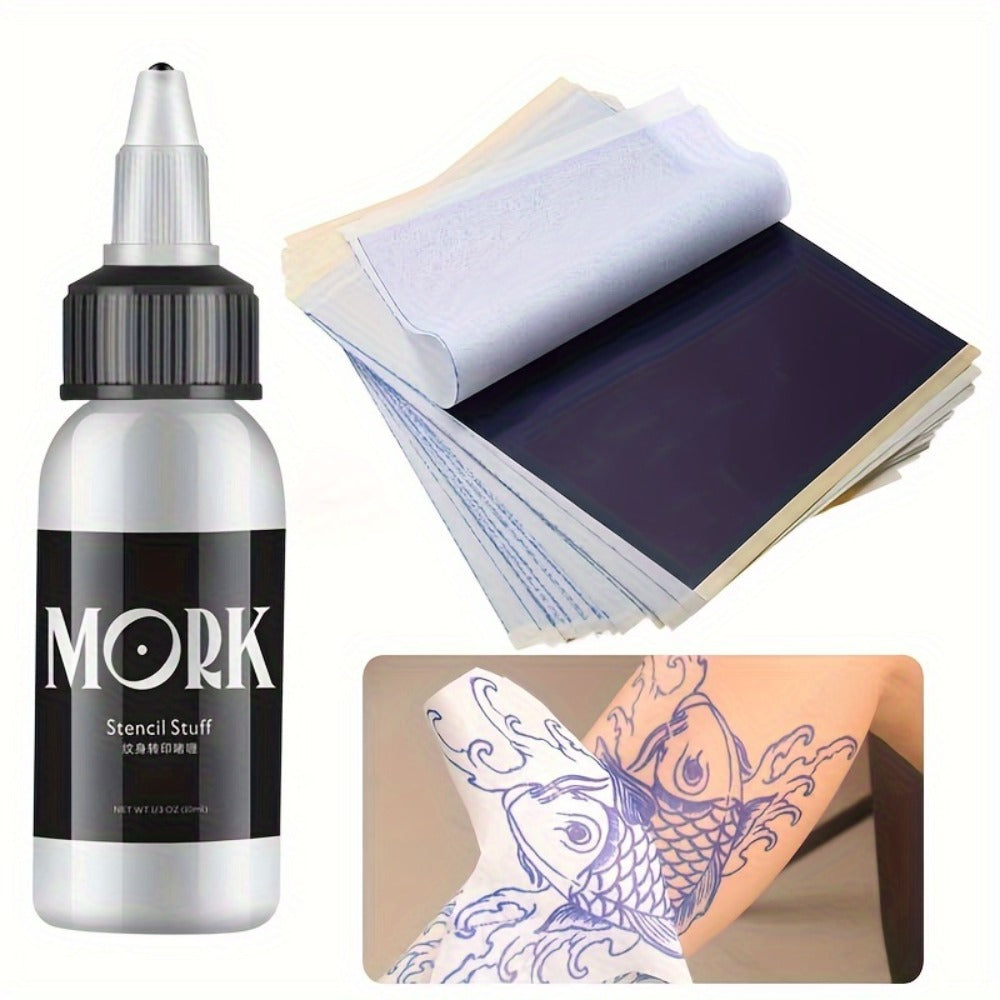 Tattoo Stencil Transfer Kit – 2x Transfer Gel, 10x A4 Blank Thermal Stencil Paper & 1x Pre-Drawn Pattern Sheet – Complete Tattoo Transfer Solution for Artists & Beginners