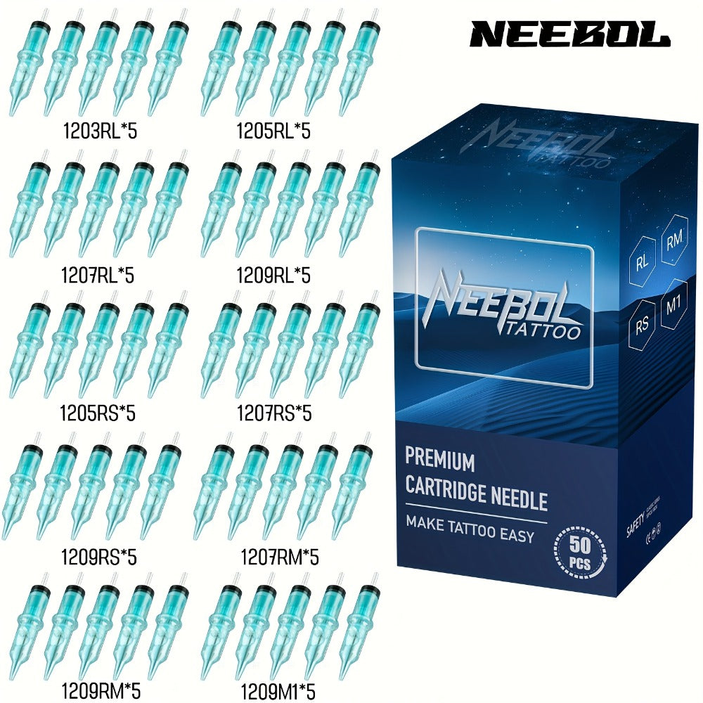 EO Sterilized Tattoo Cartridge Needles 50pcs Mixed Sizes 3RL 5RL 7RL 9RL 5RS 7RS 9RM 15RM 7M1 15M1 - Anti-Backflow Membrane Round Liner Shader Magnum for Tattoo Machine Pen & Body Art