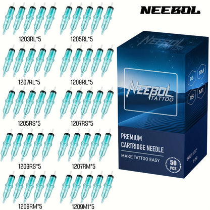 EO Sterilized Tattoo Cartridge Needles 50pcs Mixed Sizes 3RL 5RL 7RL 9RL 5RS 7RS 9RM 15RM 7M1 15M1 - Anti-Backflow Membrane Round Liner Shader Magnum for Tattoo Machine Pen & Body Art