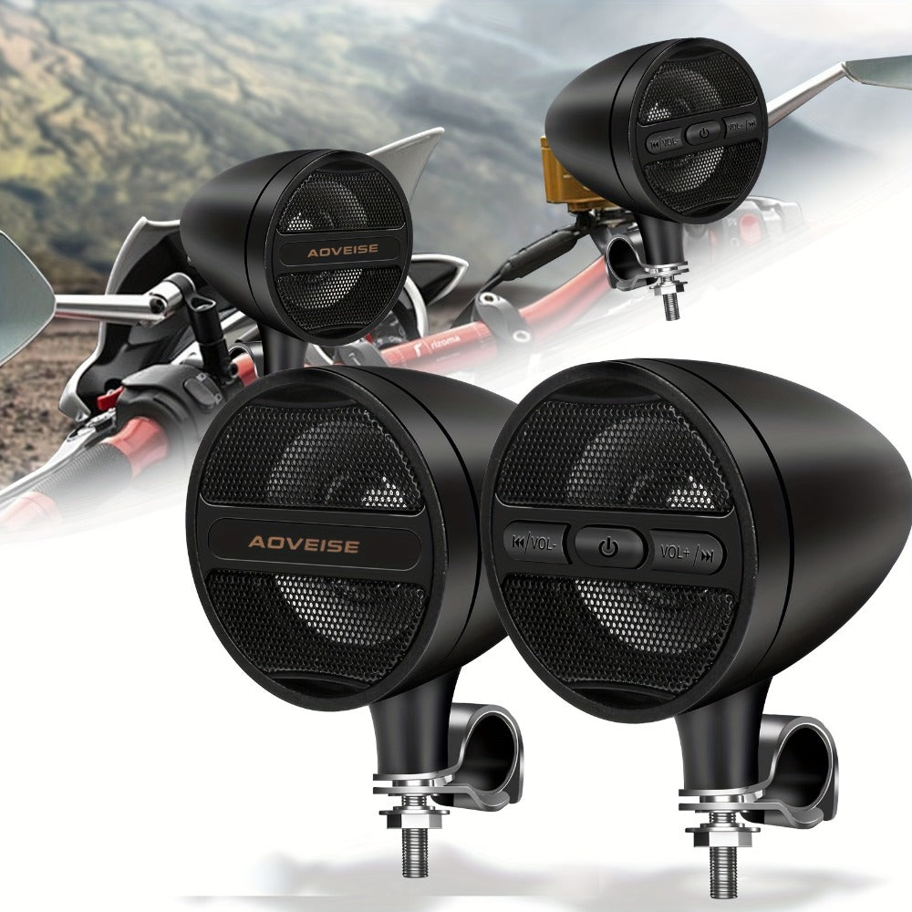 Motorcycle Bluetooth Stereo Speaker System with Built-In Amplifier – 3" Handlebar Mount Speakers, MP3 & USB, 12V, 20W×2 for ATV, Dirt Bike & Cruiser, Waterproof Radio Antenna, Black / Silver