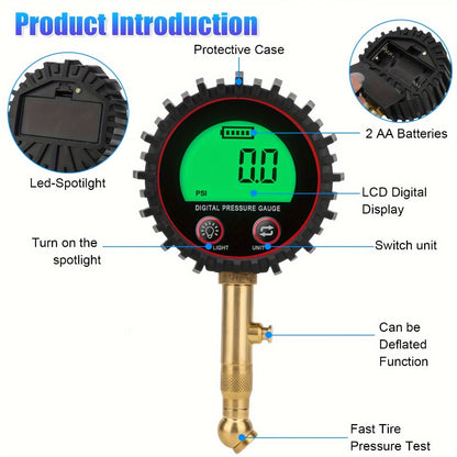 Digital Tire Pressure Gauge LCD 3-255 PSI – 4-Unit Display (PSI/Bar/KPa/kg㎡), Green Backlight, 360° Chuck, Auto Shut-Off for Cars, Trucks, SUVs, Motorcycles & RVs, Black