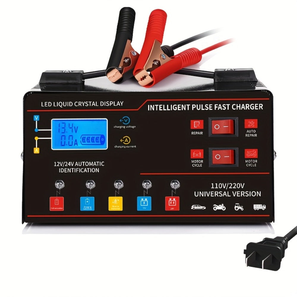 Smart Battery Charger 12V & 24V with LCD Display – Intelligent Trickle Charger, Smart Repair, Overcharge & Short Circuit Protection for Cars SUVs Trucks Motorcycles Yachts