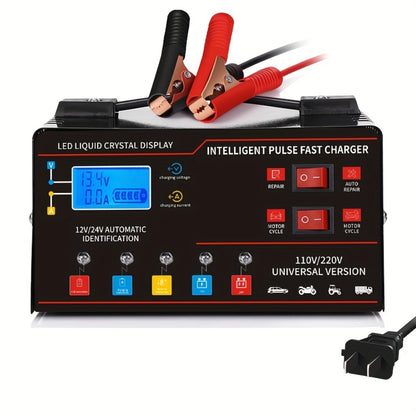 Smart Battery Charger 12V & 24V with LCD Display – Intelligent Trickle Charger, Smart Repair, Overcharge & Short Circuit Protection for Cars SUVs Trucks Motorcycles Yachts