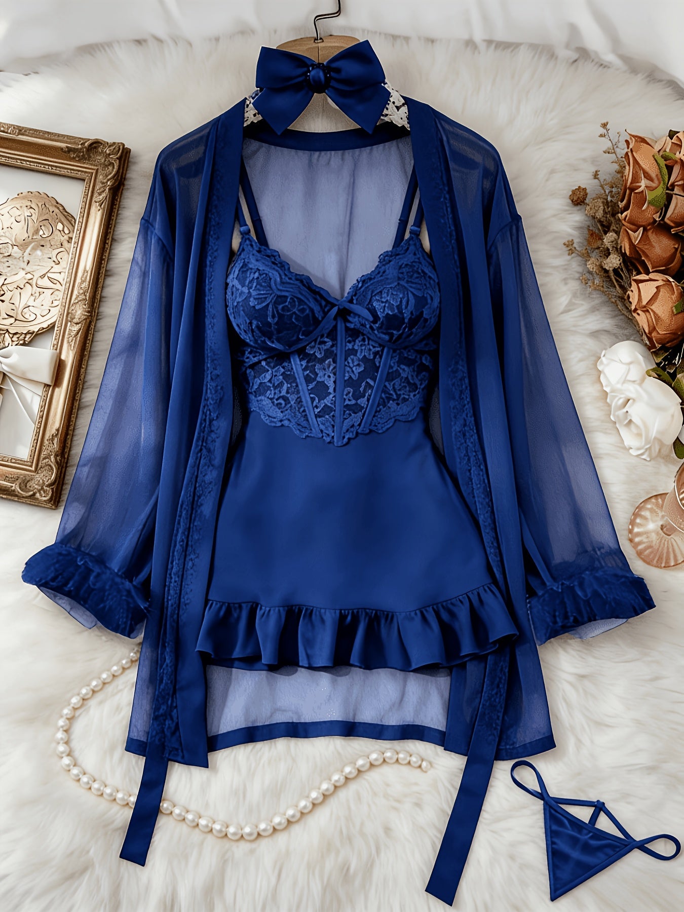 Women's 3-Piece Sheer Lace Babydoll Set - Robe and Panty