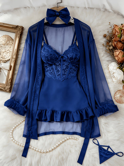 Women's 3-Piece Sheer Lace Babydoll Set - Robe and Panty