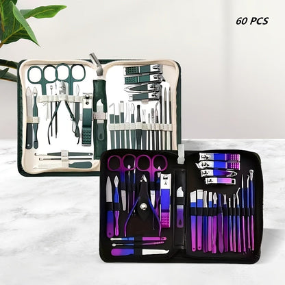Manicure Set 9 18 30 60pcs Professional Nail Clipper Pedicure Kit Portable Travel Grooming Tools — Cuticle Trimmer Nail File Nail Care Gift Set for Women Girls, Gradient Pink Black Green