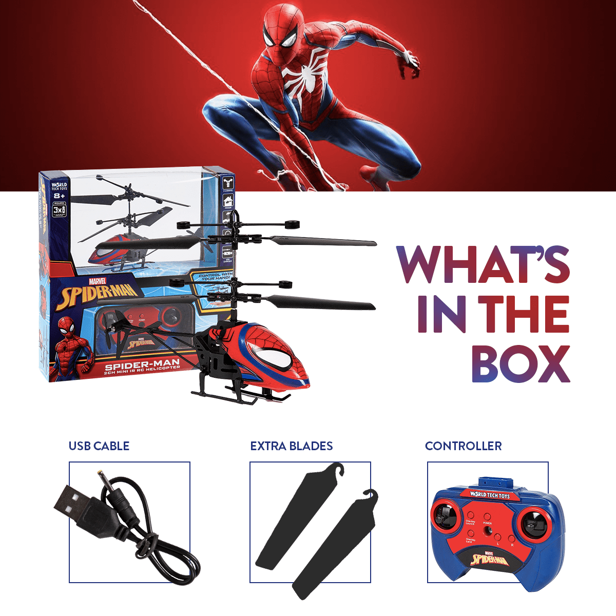 Marvel Spider-Man 2CH IR Remote Control Helicopter – Indoor Flying Toy for Kids Boys Superhero Fan – Birthday Christmas Gift for Ages 6 7 8 9 10+