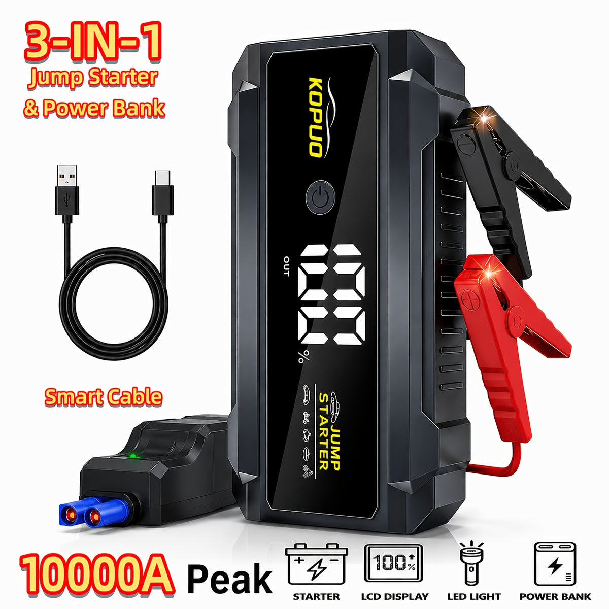 KOPUO 20000A Peak 12V Jump Box, Optional 6000A Jump Starter, Heavy Duty Car Jump Starter And Air Compressor, 150PSI Cordless Tire Inflator with Digital Gauge, All-in-One for 2.64gal Gas/2.11gal Diesel Vehicle, 3-Mode LED Light Camping Emergency