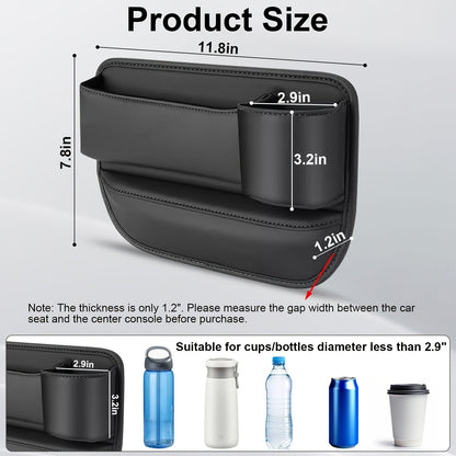 [Car Seat Organizer] 2pcs Car Seat Gap Organizer with Cup Holder, Adjustable PU Leather Car Side Seat Storage Box, Multi-Functional Interior Storage Organizer for Phone, Keys, Fashion Glasses, and Cards, Black