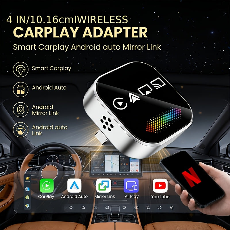 2026 Upgraded 4-in-1 Mini Wireless CarPlay Adapter, with Colorful Breathing Light, Plug & Play Wired to Wireless Converter for IOS CarPlay & Android Auto, BT 5.0, USB & USB-C Compatible