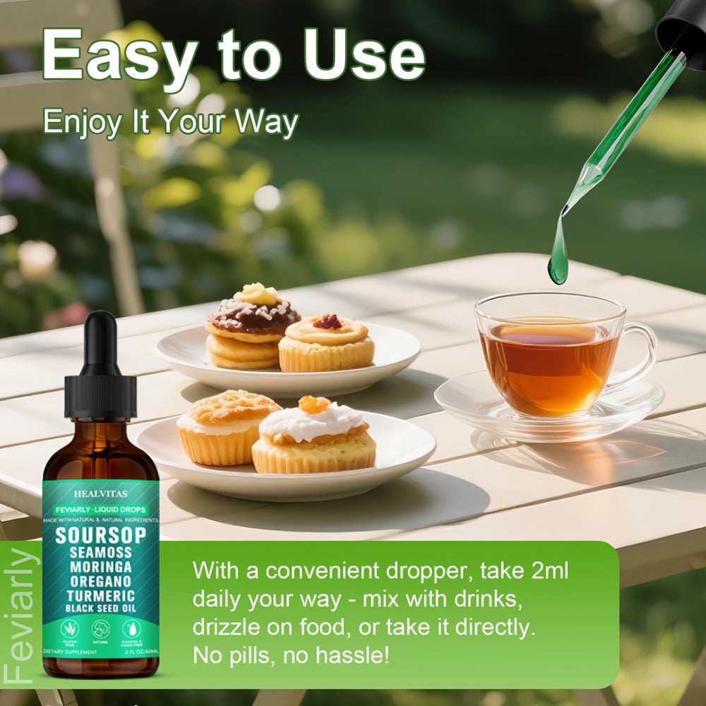 Soursop Bitters Liquid Drops 10-in-1 with Sea Moss Moringa Turmeric Black Seed Oil Oregano Ashwagandha - Natural Herbal Supplement for Immune Support Detox & Wellness 140g