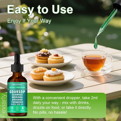 Soursop Bitters Liquid Drops 10-in-1 with Sea Moss Moringa Turmeric Black Seed Oil Oregano Ashwagandha - Natural Herbal Supplement for Immune Support Detox & Wellness 140g