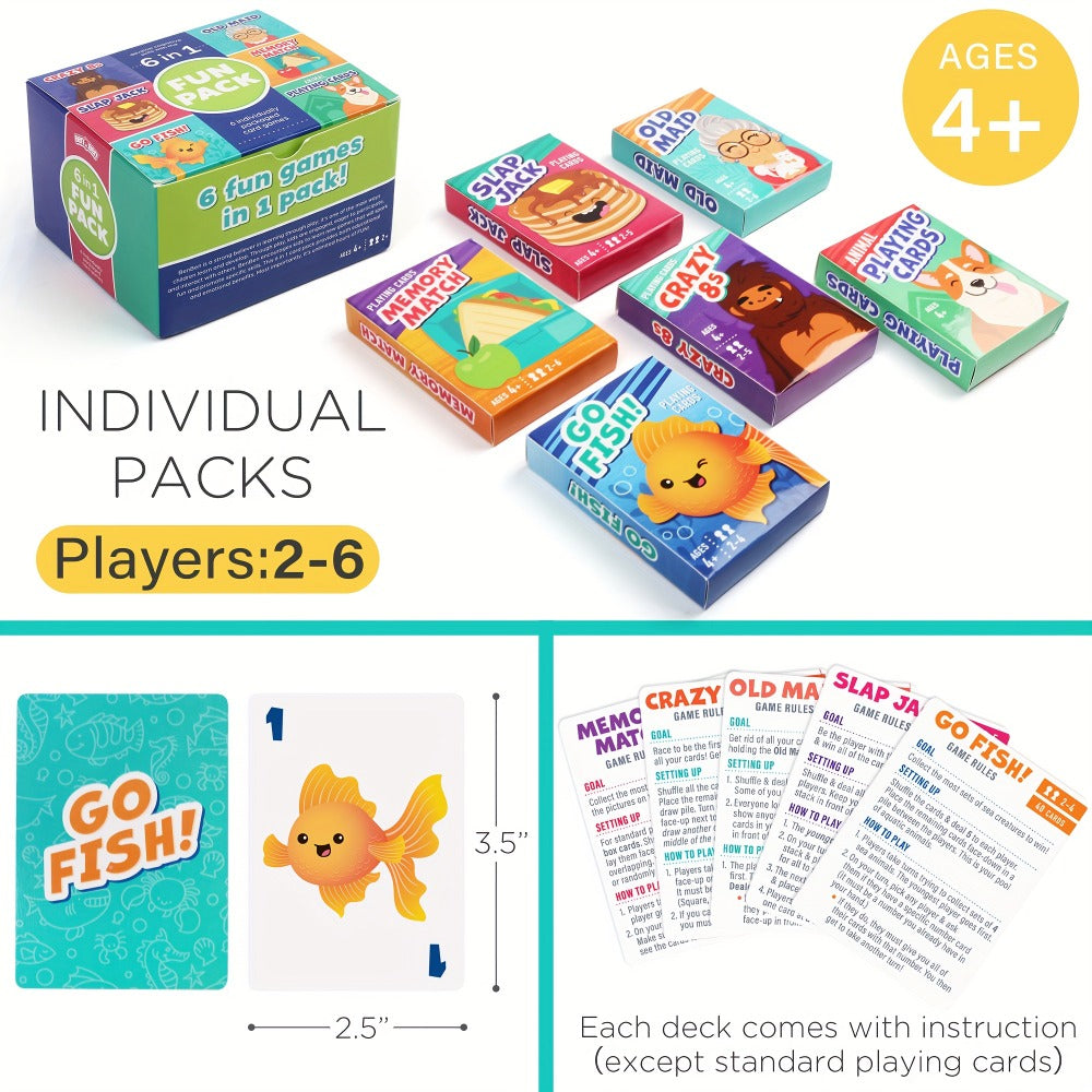 Kids Card Games 6 in 1 Set with 6 Decks Go Fish Old Maid Crazy Eights Memory Match Slap Jack Animal Cards for Ages 4+ Family Game Night Birthday Christmas Stocking Stuffer