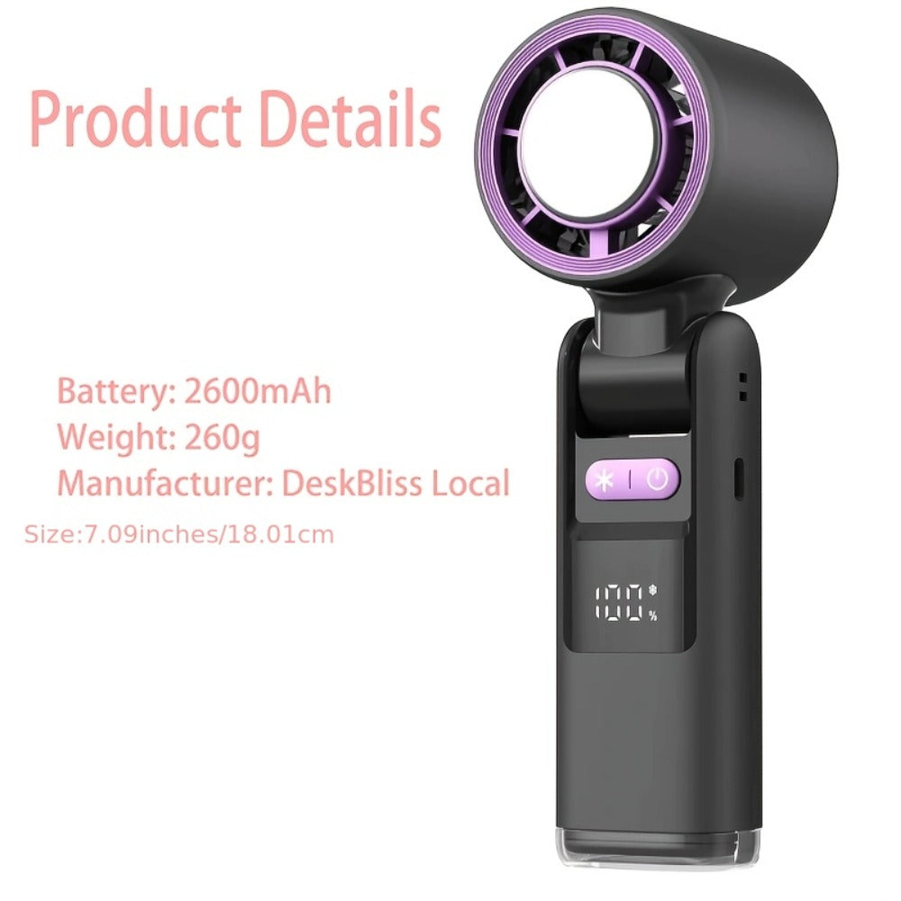 Handheld Ice Pack Fan High-Speed Semiconductor Cooling | 100-Speed Digital Display Turbo Fan with LED Light, Foldable Portable Design for Outdoor, Travel & Daily Use – Purple, Beige, Pink, Black & White