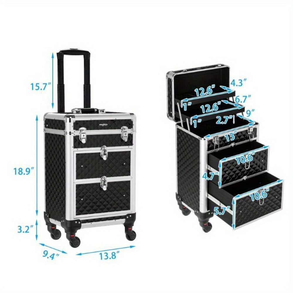 Makeup Train Case Rolling Aluminum Lockable Trolley with 4 Wheels 2 Sliding Drawers Telescopic Rod Portable Cosmetic Organizer Suitcase for Makeup Artists Salon Travel Beauty Storage Black