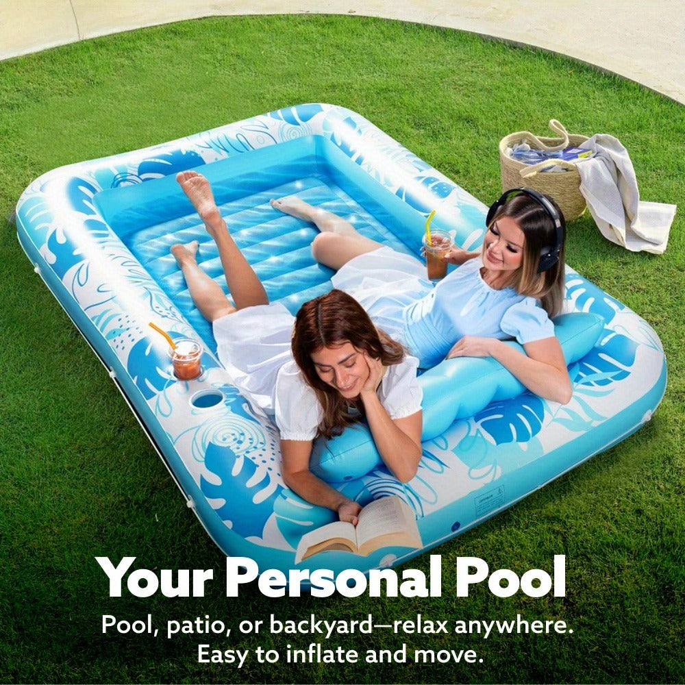 XL Inflatable Tanning Pool Float 85x57 Inch – 4-in-1 Suntan Tub Raft with Built-In Pillow, Sunbathing Bed Lounge & Ball Pit for Adults | Oversized Floating Mattress for Pool Lake Beach, Blue