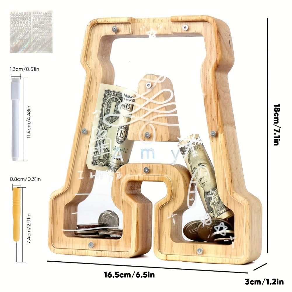 Alphabet Wooden Money Bank for Adults A to Z Letter Piggy Bank – Personalized Coin Bank Home Decor Craft Art Decoration, Ideal Gift for Ages 14 and Up