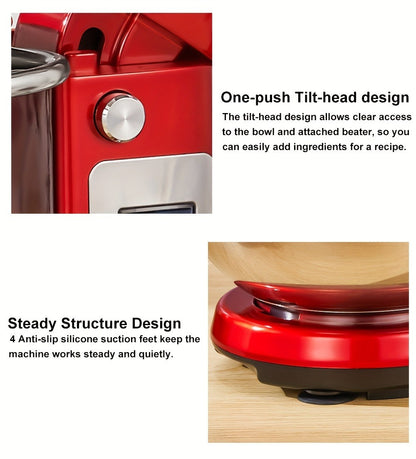 Stand Mixer 1200W 6L Stainless Steel Bowl - Kitchen Food Stand Mixer with Dough Hook, Whisk & Beater, 6-Speed Tilt-Head Electric Mixer for Baking, Kneading, Whipping, Red