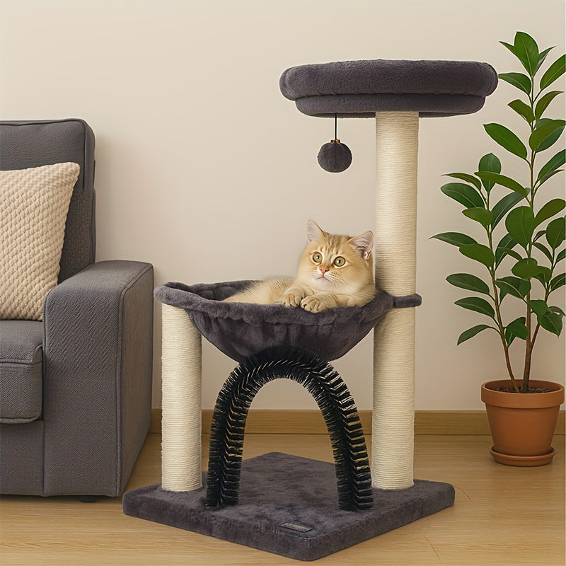 Cat Tree Tower 27.8 Inch Multi-Level - FluffyDream Indoor Cat Tree with Scratching Posts, Plush Basket, Top Perch & Dangling Ball, Sturdy Cat Tower with Grooming Brush for Kittens & Small Cats, Gray