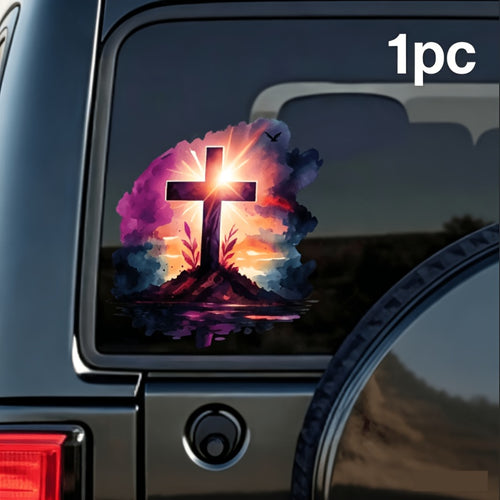 1pc/4pcs Car Stickers And Decals, Car Window Decals Vinyl, Featuring a Cross with Sunset Sky, Clouds, Mountains, Along with Humorous Bumper Stickers
